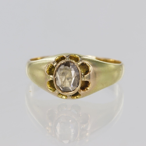 123 - 18ct yellow gold ring set with a single oval rose cut diamond in a rub over collet with scalloped cu... 