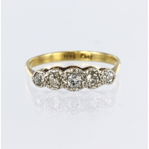 133 - 18ct yellow gold and platinum graduated five stone ring set with five round old cut diamonds in illu... 