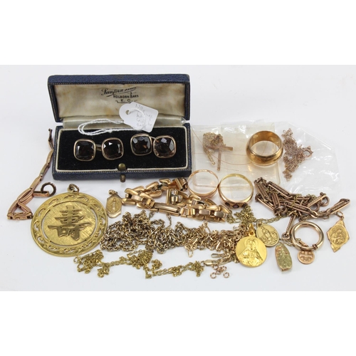 145 - Assortment of mixed yellow metal jewellery (some tests as gold) includes chains, pendants, melted do... 