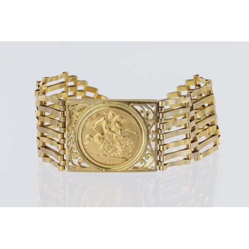 155 - 9ct gold seven bar gate bracelet set with a 1978 sovereign, total weight 24g.