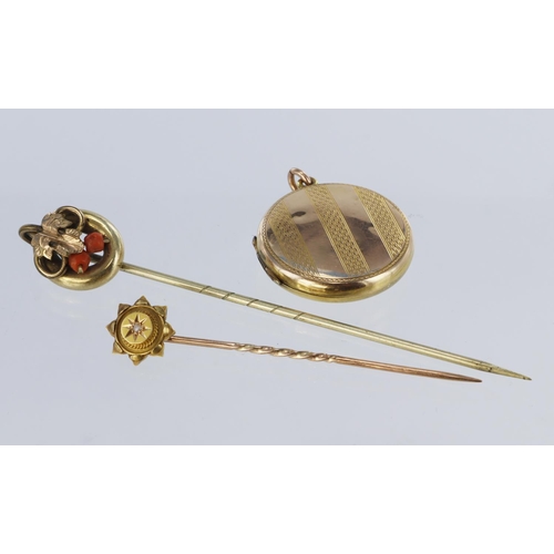 169 - 15 ct Gold Diamond set Stick Pin 1.1g, 9ct B & F Locket, Boxed coral set yellow metal Stick Pin