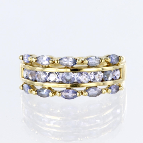 17 - 9ct yellow gold three row dress ring set with a central row of nine round tanzanites measuring appro... 