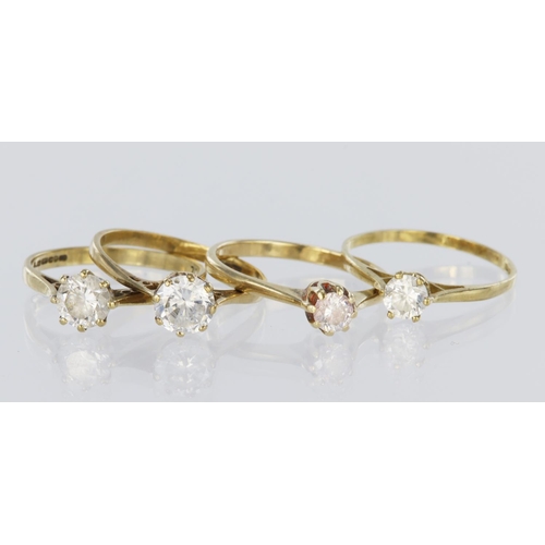 172 - Four 9ct solitaire rings set with CZs. Total weight 5.3g