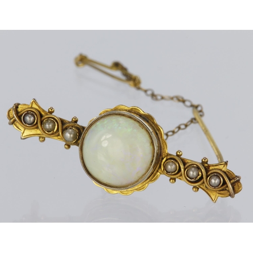 195 - 9ct Gold Opal and Pearl Bar Brooch with safety chain in fitted case weight 4.6g