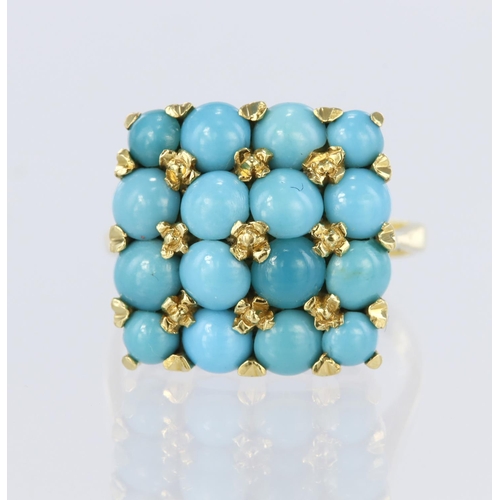 2 - 18ct yellow gold ring set with sixteen round turquoise cabochons measuring approx. 4mm diameter, all... 