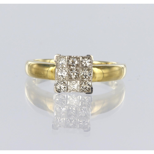 20 - 18ct yellow gold ring consisting of nine princess cut diamonds held together as a square cluster in ... 