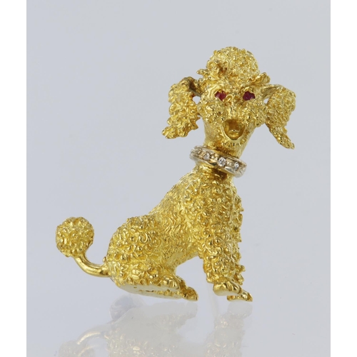 201 - 9ct yellow gold brooch depicting a seated poodle with ruby eyes and three round brilliant cut diamon... 