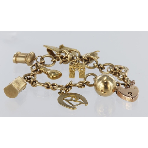 204 - 9ct / yellow metal charm bracelet with a selection of charms attached. Total weight 31.5g