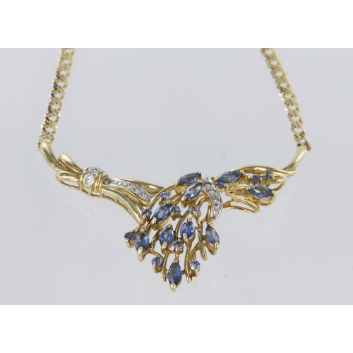 212 - 9ct yellow gold necklace featuring a central panel of spray design set with marquise and round sapph... 