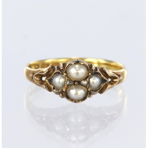 36 - Ladies 22ct ring (hallmarked London 1851) set with four seed pearls, size O, weight 2.6g
