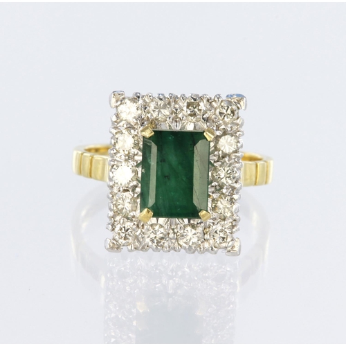 38 - 18ct yellow gold cluster ring featuring a central rectangular step cut emerald measuring approx. 8mm... 