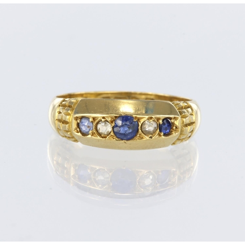 4 - 18ct yellow gold boat shaped ring set with three graduated round sapphires, and two round old cut di... 