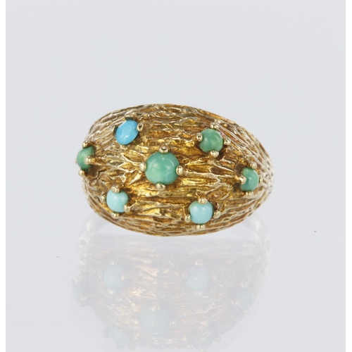 40 - 9ct yellow gold domed flared head ring set with seven round turquoise cabochons in claw settings, sh... 