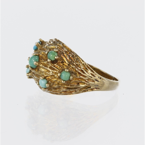 40 - 9ct yellow gold domed flared head ring set with seven round turquoise cabochons in claw settings, sh... 