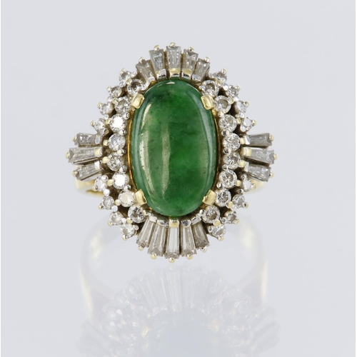 47 - 18ct yellow gold dress ring set with an elongated oval jadeite measuring approx. 14mm x 9mm, surroun... 