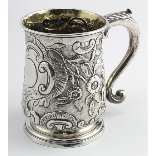 552 - George II silver tankard with later embossed decoration, hallmarked on the base J.E. (John Elston Jn... 