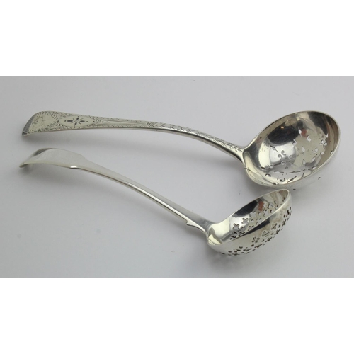 558 - Pair of silver Sugar- Sifter Ladles, one Old English pattern, late 18thc with rubbed marks and small... 