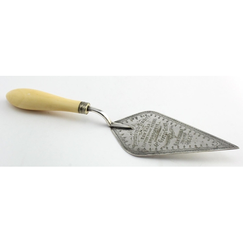 565 - Silver plated engraved trowel commemorating the stone laying at Bromsgrove Baptist Sunday School 188... 