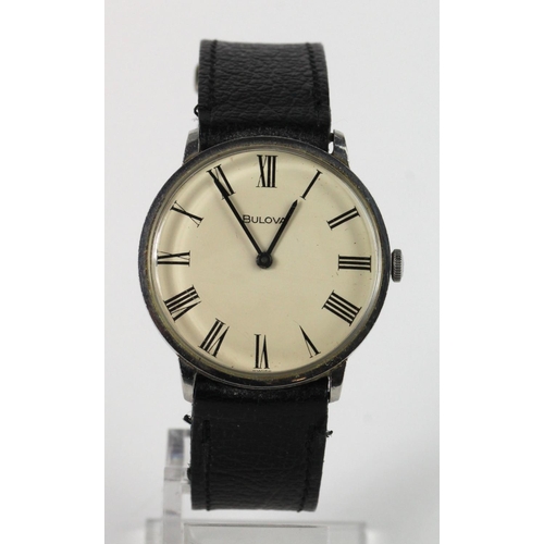 646 - Gents stainless steel cased Bulova manual wind wristwatch circa 1970. The cream dial with black roma... 