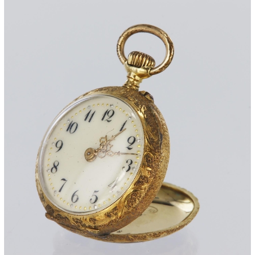 654 - Ladies yellow metal (tests as 18ct) fob watch with red enamelling on the back, approx 28mm dia, weig... 