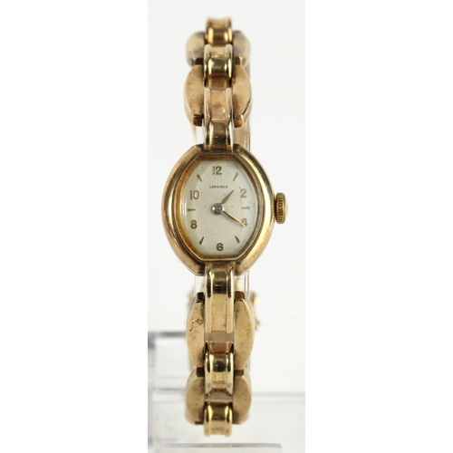 682 - Ladies 9ct cased Longines wristwatch on a 9ct bracelet. Total weight 24.5g, watch working when catal... 