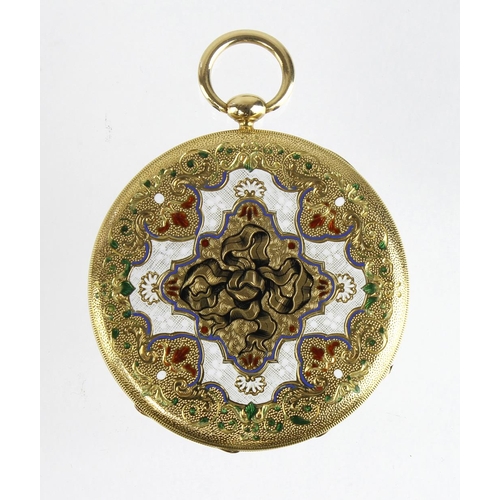 693 - Pocket Watch, yellow metal (tests as 18ct Gold) and enameled case, plain white dial. Late 19th centu... 