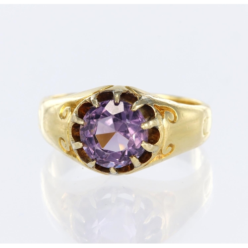 88 - 18ct yellow gold flared head band ring set with a single round amethyst measuring approx. 10mm diame... 