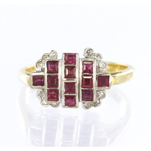 92 - 18ct yellow gold ring set with twelve princess cut rubies measuring approx. 2mm x 2mmand twelve roun... 