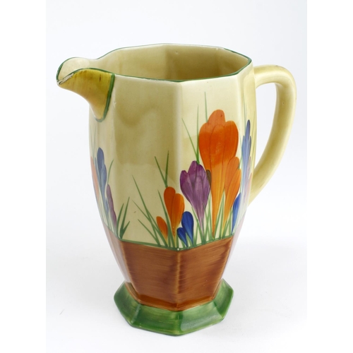 944 - Clarice Cliff Bizarre Crocus octagonal jug, makers marks to base, some wear to spout, height 17.5cm ... 