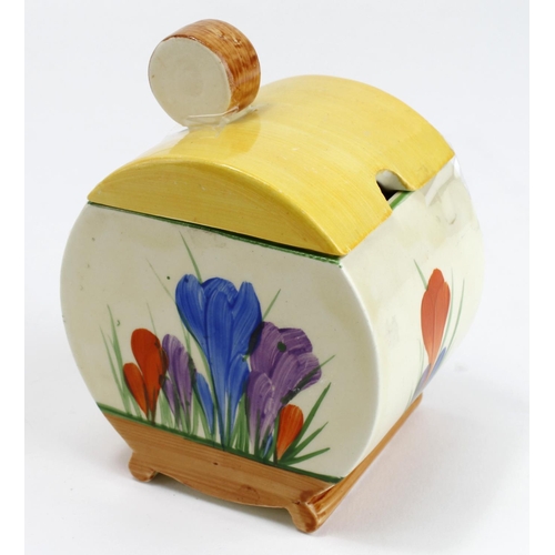 945 - Clarice Cliff Bizarre Crocus preserve pot, makers marks to base, height 10.5cm approx.