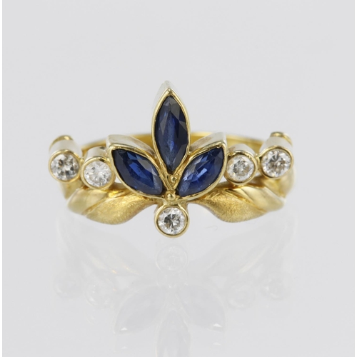 98 - 18ct yellow gold dress ring set with three marquise shaped sapphires measuring approx. 5.5mm x 2.5mm... 