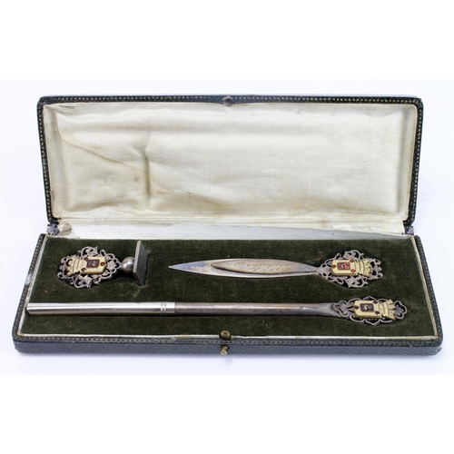 204 - French boxed silver plated brass & enamel pen set for Boulogne.  WW1 period comprising pen, bookmark... 