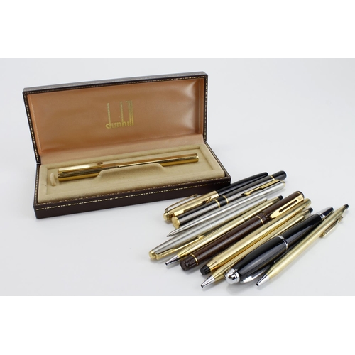 216 - Pens. A group of eleven fountain and ballpoint pens, including a Dunhill ballpoint pen in original c... 