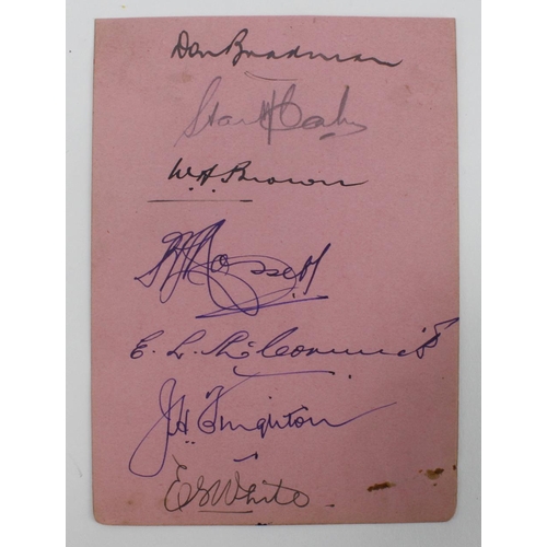 244 - Cricket interest. An original autograph album page signed by seven cricketers, including Don Bradman... 