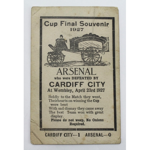 333 - Cup Final 23rd April 1927 Souvenir (memorial) card Cardiff City - 1 Arsenal - 0. Original item but p... 