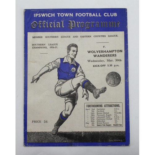 360 - Ipswich Town v Wolverhampton Wanderers 30 March 1938 Southern League. Cover repaired