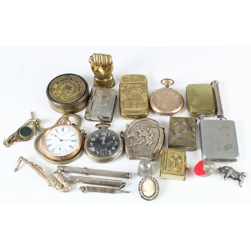 407 - Collection of various items, including a silver vesta case, miniature silver saxophone, silver bird ... 