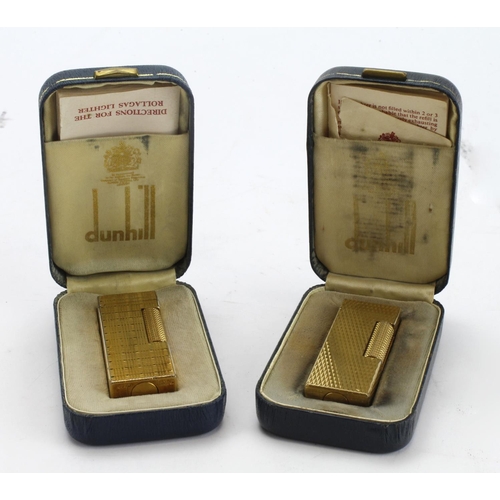 413 - Dunhill. Two gold plated Dunhill lighters, both contained in original cases