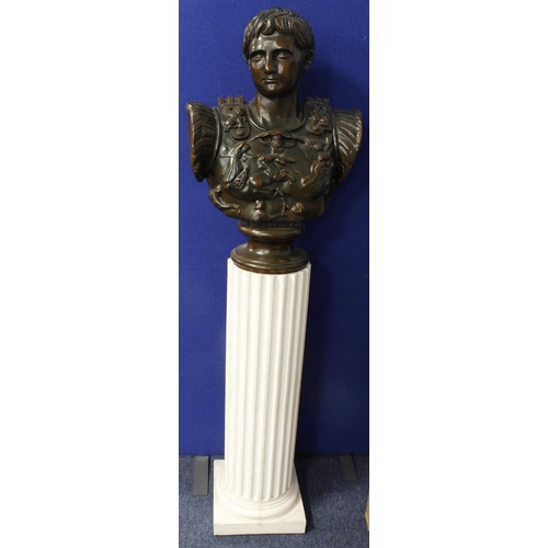 433 - Large spelter bust, depicting Augustas, on tall white pillar plinth, circa 20th century, total heigh... 