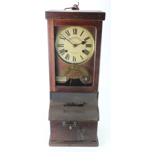 445 - National Time Recording Co. oak cased clocking-in clock, height 89cm approx. (untested)