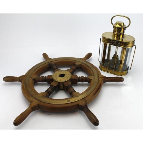 446 - Naval interest. A wooden six spoke ships wheel with brass fittings diameter 57cm approx., together w... 