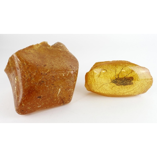 496 - Two large pieces of amber resin, one containing a large insect, largest height 14cm, width 15cm, dep... 