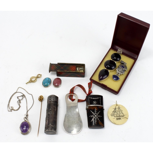 503 - Various. A group of various items, to include silver pendants, glass scent bottle in tortoiseshell c... 