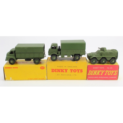 82 - Dinky Toys. Three boxed Dinky models, comprising nos. 621 (3-Ton Army Wagon); 623 (Army Covered Wago... 