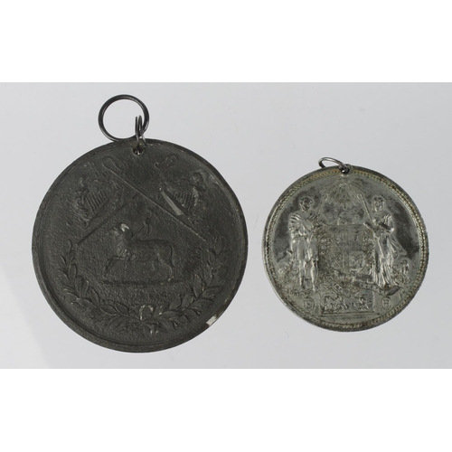 1361 - Order of Ancient Shepherds (2) white metal medals, 19thC: 51mm named to P.M. J. Burgess, VF, and 65m... 