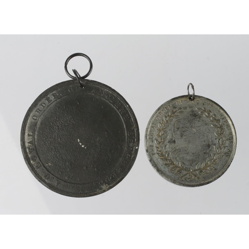 1361 - Order of Ancient Shepherds (2) white metal medals, 19thC: 51mm named to P.M. J. Burgess, VF, and 65m... 