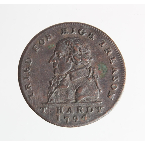 1385 - Token, 18thC: Thomas Hardy Aquitted, Halfpenny 1794, Midd'x #1025, VF light scratches.