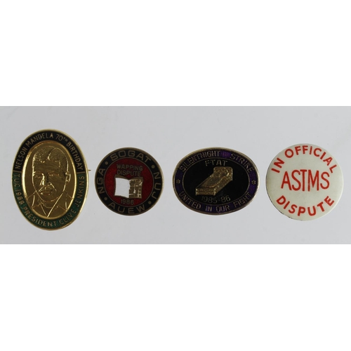 1395 - Trades Union badges 4x unusual types, Wapping Dispute, ASIMS Dispute, Silent night Strike, TUC 1988 ... 