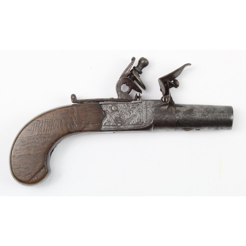 1408 - 18th Century flint lock box lock pocket pistol signed Busby with folding trigger screw barrel slidin... 