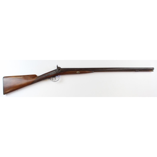 1456 - Double barrelled percussion shotgun, 16 Bore, back action locks signed 